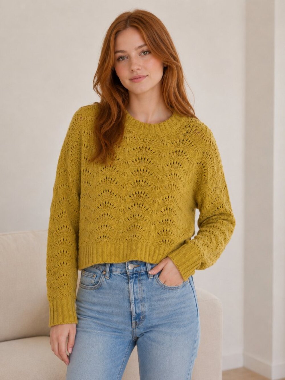 American Eagle Outfitters Yellow Gold Sweater Size Medium Open Knit Eyelet